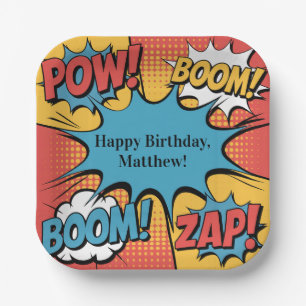 Superheld Comic Book Pop Art Jongens Verjaardagsfe Papieren Bordje