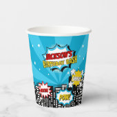 Superheld Comic Book Style Boy Birthday Blue Papieren Bekers (Achterkant)