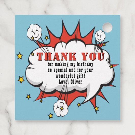 Superheld Comic Speech Bubble Birthday Hartelijk d Bedankjes Labels (Achterkant)