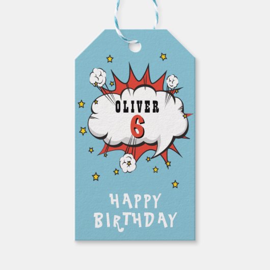 Superheld Comic Speech Bubble Boy Birthday Cadeaulabel (Voorkant)