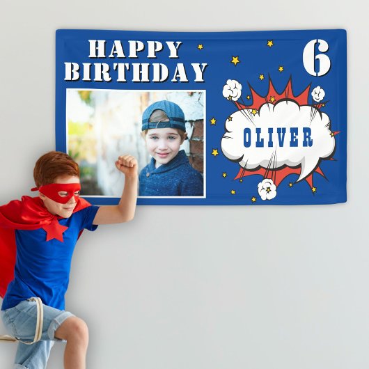Superheld Comic Speech Bubble Boy Birthday Foto Spandoek
