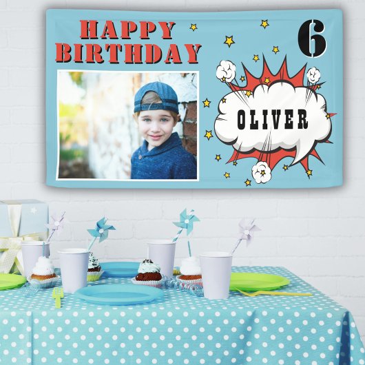 Superheld Comic Speech Bubble Boy Birthday Foto Spandoek