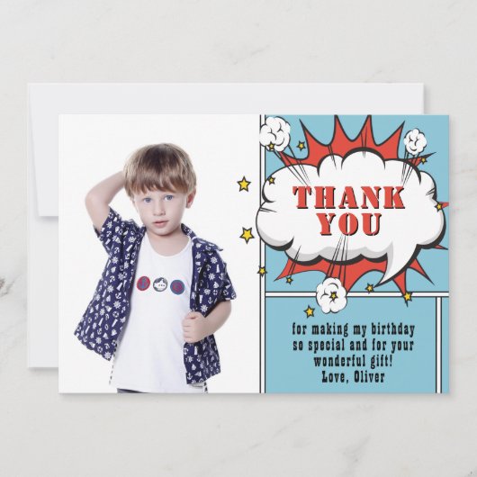 Superheld Comic Speech Bubble Boy Fotodag Bedankkaart (Voorkant)