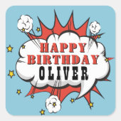 Superheld Comic Speech Bubble Boy Happy Birthday Vierkante Sticker (Voorkant)