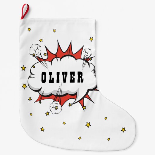 Superheld Comic Speech Bubble Boy Naam Grote Kerstsok (Voorkant)