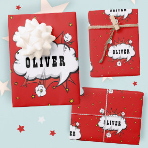 Superheld Comic Speech Bubble Red Boy Naam Inpakpapier Vel