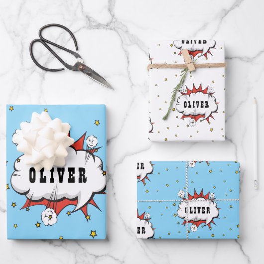 Superheld Comic Speech Bubble Red Boy Naam Inpakpapier Vel (Voorkant)