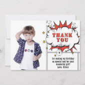 Superheld Comic Spreekwolk Jongen Foto Verjaardag Bedankkaart (Voorkant)