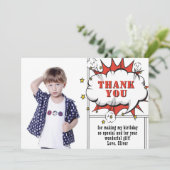 Superheld Comic Spreekwolk Jongen Foto Verjaardag Bedankkaart (Staand voorkant)