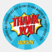 Superheld Comic Style Boy Birthday Blue Bedankt Ronde Sticker (Voorkant)