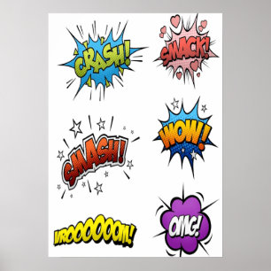 Superheld en supervillain onomatopoeia poster
