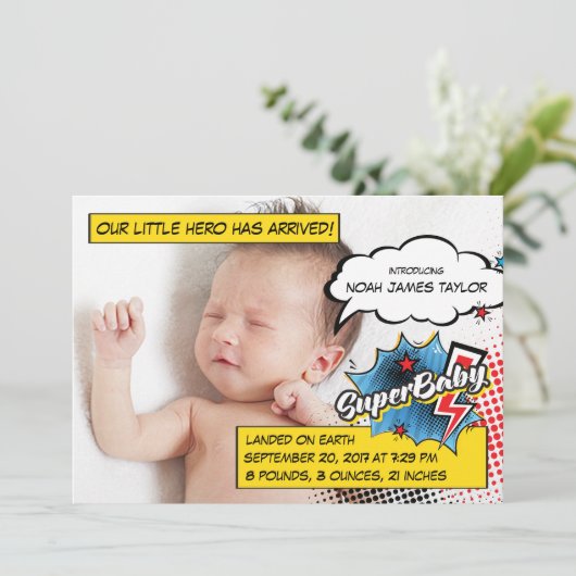 Superheld geboorte aankondiging kaart, SuperBABY b (Staand voorkant)