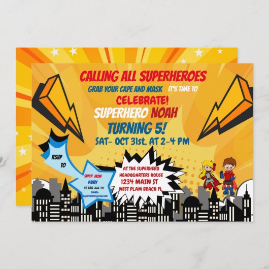 Superheld Halloween Cartoon Comic Invitation Kaart (Voorkant / Achterkant)