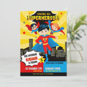 Superheld jongen verjaardagsfeestje uitnodiging (Staand voorkant)