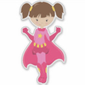Superheld-meisje, bruin haar, roze cape, scheermei sticker (Voorkant)