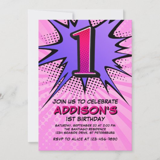 Superheld Meisje's 1e Verjaardag Uitnodiging (Voorkant)