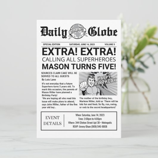 Superheld Nieuwsblad Uitnodiging voor Verjaardag (Staand voorkant)