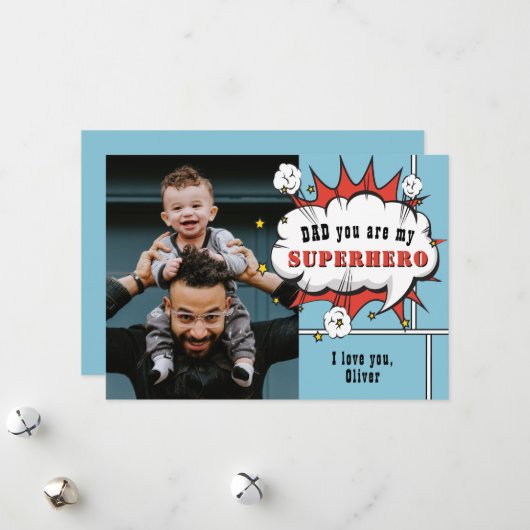 Superheld Papa Comic Spreekballon Foto Feestdagenkaart (Voorkant / Achterkant in situ)