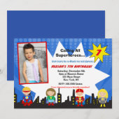 Superheld Photo Birthday Party Invitations Kaart (Voorkant / Achterkant)