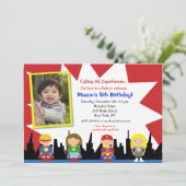 Superheld Photo Birthday Party Invitations Kaart (Staand voorkant)