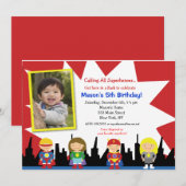Superheld Photo Birthday Party Invitations Kaart (Voorkant / Achterkant)