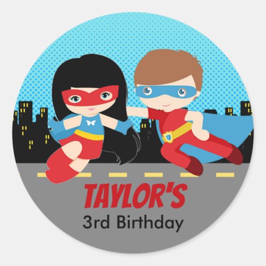 Superheld Stickers Birthday Party Favors (Voorkant)