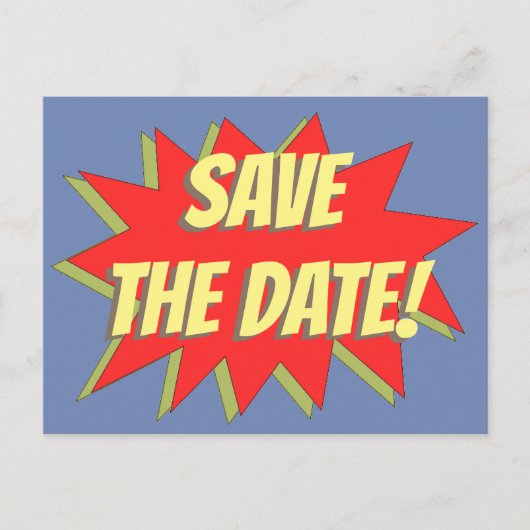 Superheld stripboek save the date aankondigingskaart (Voorkant)