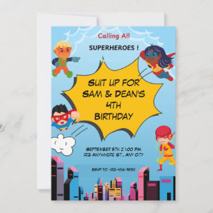 Superheld Twin 4e verjaardag Uitnodiging