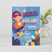 Superheld Uitnodiging Jongens Blauwe Sterren Super (Staand voorkant)