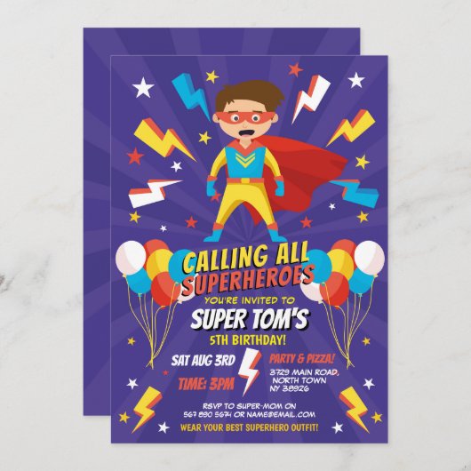 Superheld Uitnodiging Jongens Blauwe Sterren Super (Voorkant / Achterkant)
