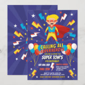 Superheld Uitnodiging Jongens Blauwe Sterren Super (Voorkant / Achterkant)