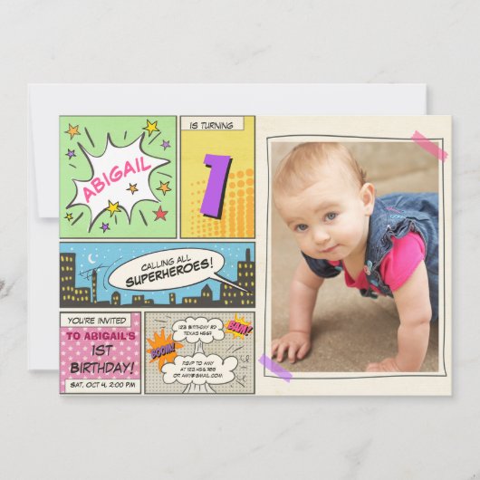 superheld verjaardagsuitnodiging Cartoon Meisje Kaart (Voorkant)
