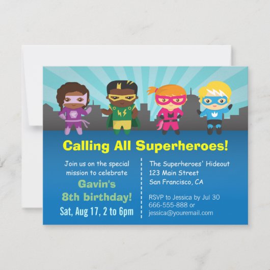 Superheldengroep Kinderfeest Uitnodigingen (Voorkant)