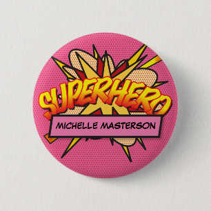 SUPERHELDIN Persoonlijk stripboek Roze Ronde Button 5,7 Cm