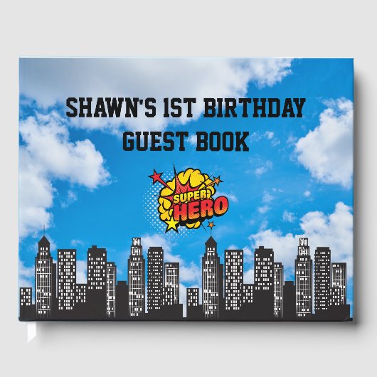 Superhero 1er Anniversaire de fête Livre d'invité (Recto)