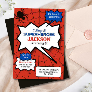 Superhero 6th birthday kids spider red black   kaart