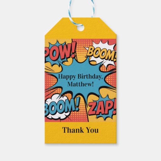 Superhero Comic Book Pop Art Boy Birthday Thanks Cadeaulabel (Voorkant)