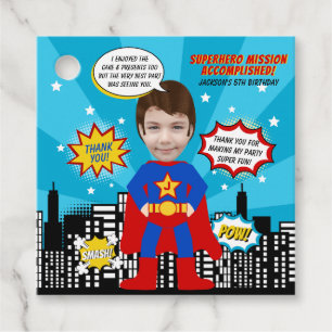 Superhero Comic Book Style Boy Verjaardagsfoto Bedankjes Labels