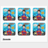 Superhero Comic Book Style Boy Verjaardagsfoto Vierkante Sticker (Vel)
