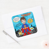 Superhero Comic Book Style Boy Verjaardagsfoto Vierkante Sticker (Envelop)