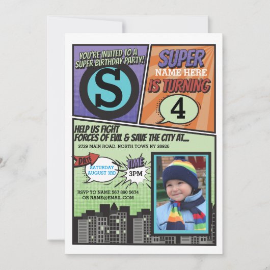 Superhero Comic Boy's Invitation Super Hero Invita (Devant)