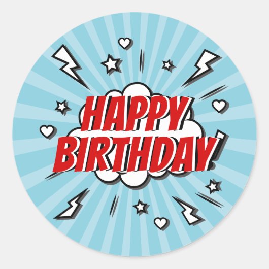 Superhero Comic Happy Birthday Party Sticker (Voorkant)