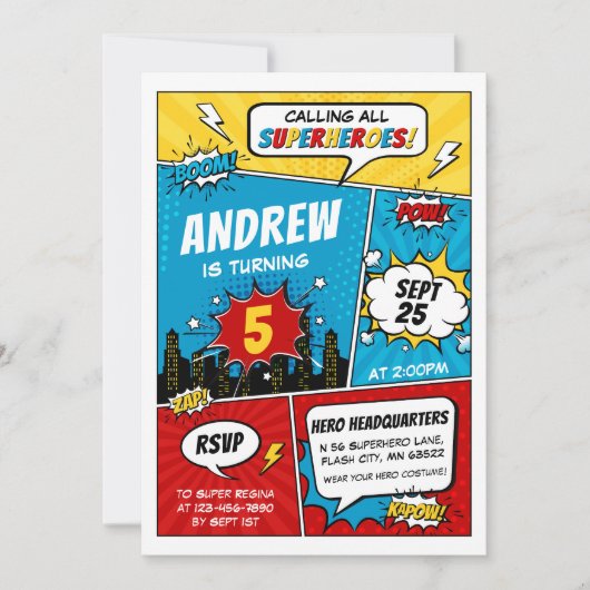 Superhero Comic Invitation d'anniversaire garçon (Devant)