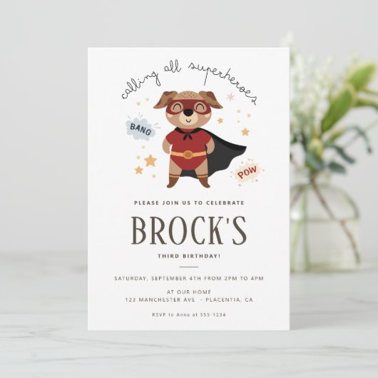 Superhero Dog Verjaardag Puppy Pawty Kaart (Staand voorkant)