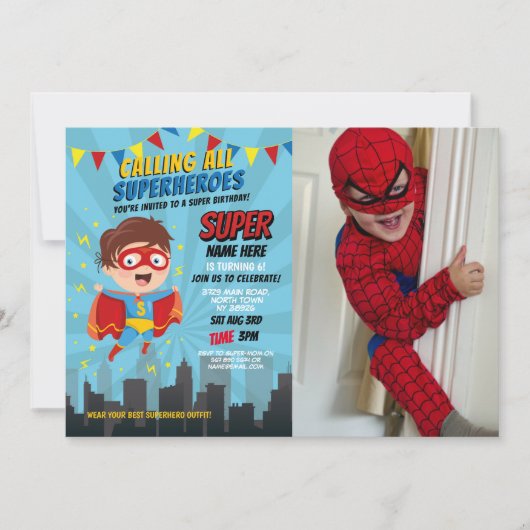 Superhero Invitation Boys Blue Photo Super Party (Devant)