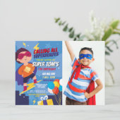 Superhero Invitation Boys Blue Photo Super Party (Debout devant)