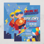 Superhero Invitation Boys Blue Stars Super Party (Devant / Derrière)