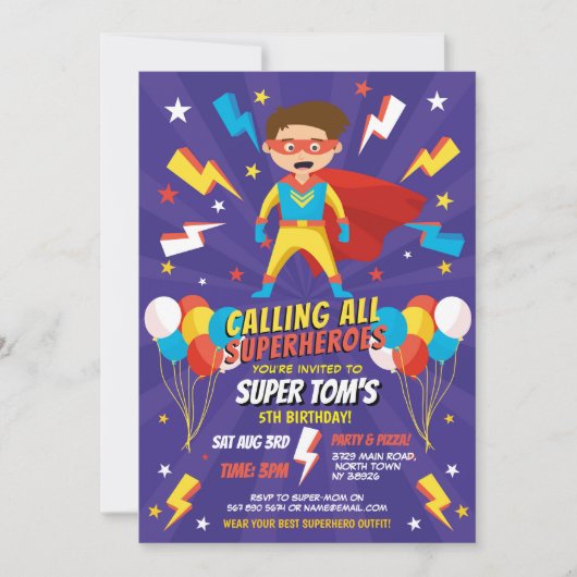 Superhero Invitation Boys Blue Stars Super Party (Devant)