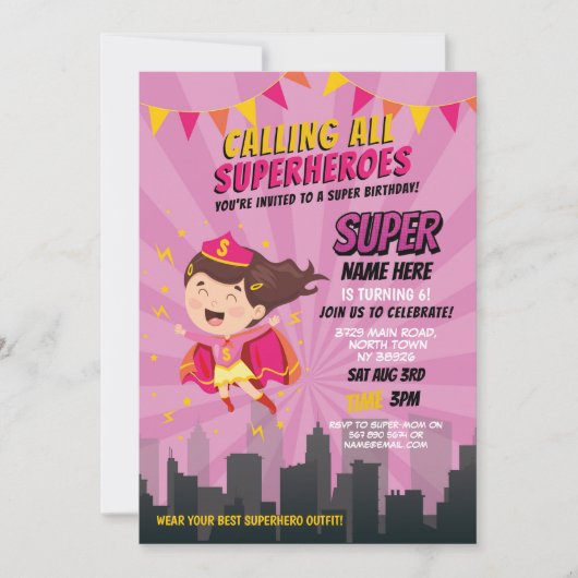 Superhero Invitation Filles roses Super Party (Devant)