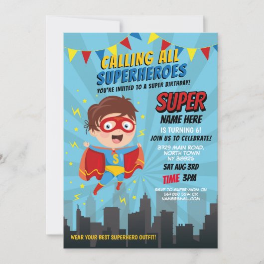 Superhero Invitation Garçons Blue Girls Super Part (Devant)